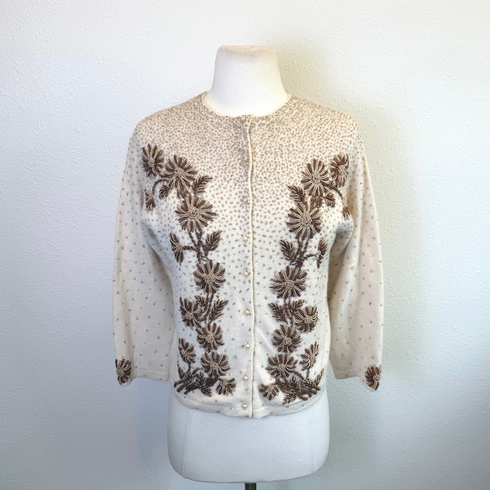 Vintage 50's 60's Cavanaghs Angora Lambswool Blend Beaded Cardigan Sz S/M
